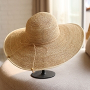 超细手工编织拉菲草帽子，夏季帽子女，遮阳帽包边大檐遮阳防晒草帽
