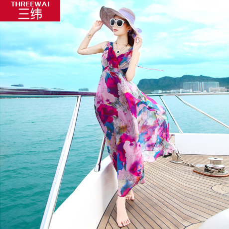 三纬2018夏季新款桑蚕丝V领印花裙欧美风格时尚真丝连衣裙商品大图