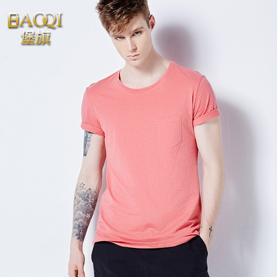 夏季男生短袖T恤男士衣服体桖圆领粉色简单短
