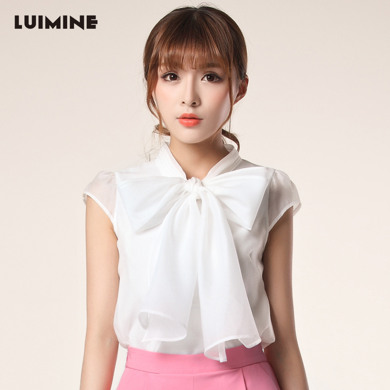 LUIMINE2014夏季新款韩版欧根纱短袖上衣蝴蝶结雪纺衫白色上衣 女