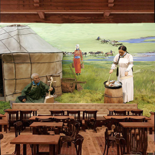 蓝天白云草原壁画风景骏马牛羊，背景墙布蒙古风格民族元素饭店壁布