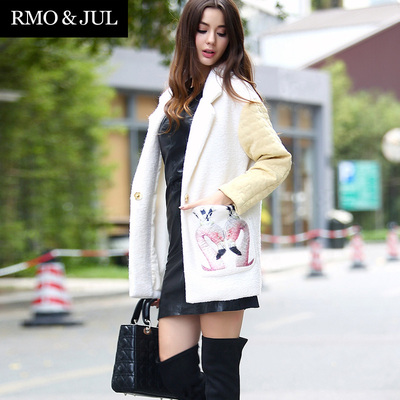【罗家精品】2014秋冬女装新款 时尚西装领贴布刺绣羊毛呢外套