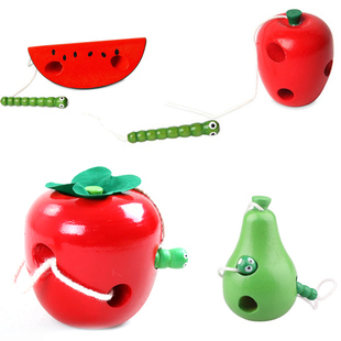 木制玩具虫吃苹果 穿线玩具儿童梨子串珠玩具益智玩具3岁以上