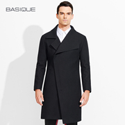 元本偏襟拉链高级感羊毛呢大衣，男士修身时尚，设计感中长款外套