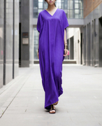 欧美走秀款夏紫色袍子连衣裙女原创设计 超宽松显瘦长裙棉绸长袍