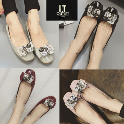 欧洲站新款夏秋韩版水钻女鞋蝴蝶结方头浅口单鞋女瓢鞋百搭平底鞋