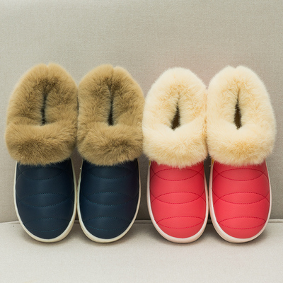冬季情侣防水PU皮棉拖鞋包跟保暖防滑厚底家居家男女毛毛拖鞋特价