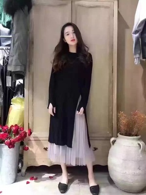 秋季韩国侧边开叉毛衣纱裙两件套套装中长款超