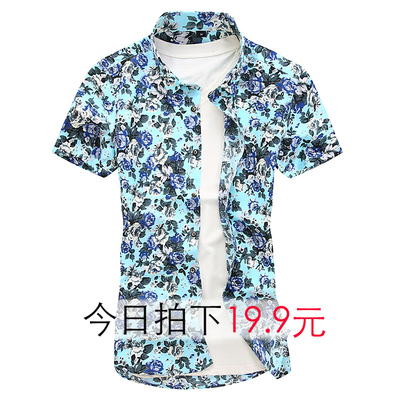 YMV新款男装夏季男士短袖衬衫韩版修身寸衫潮休闲印花短袖衬衣