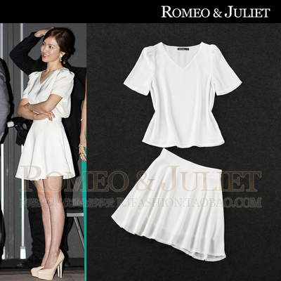 【明星同款】2014夏装女装新款 气质V领白色上衣+半身裙套装套裙