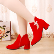 秋冬季短靴女加绒大红色结婚鞋子中跟粗跟大码婚靴孕妇婚礼新娘鞋