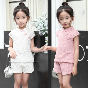 女童旗袍套装夏款童装纯棉短袖，唐装宝宝蕾丝，复古中国风短裤两件套