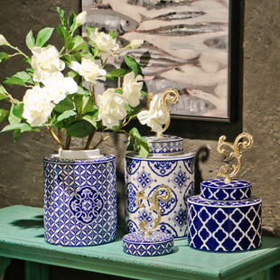 欧式青花瓷圆罐美式新中式家居，餐桌电视柜玄关花瓶，装饰品陶瓷摆件