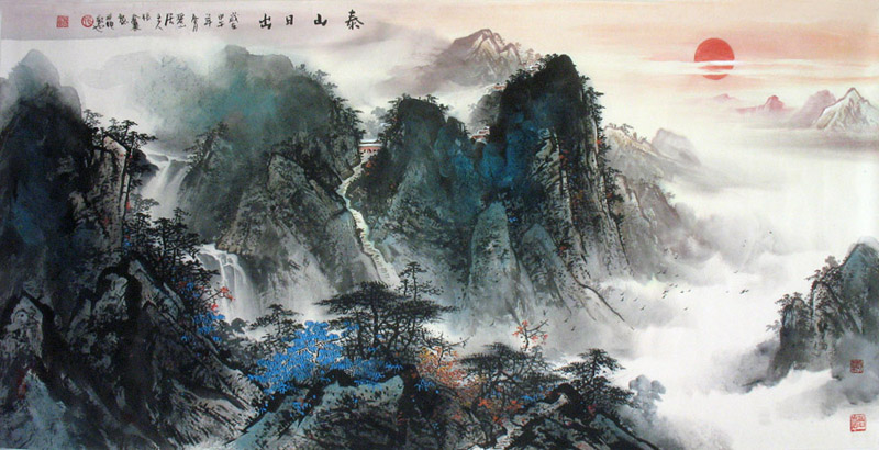 实力派名画家张春丽泼彩山水画四尺 泰山日出 客厅装饰X24850