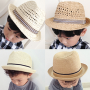夏季儿童草帽镂空草帽男童女童礼帽爵士帽遮太阳帽条纹透气帽
