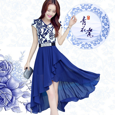 标题优化:2015夏装新款连衣裙韩版修身v领青花瓷印花短袖大码连衣裙女