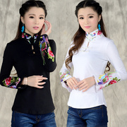 中国风春装民族风女装，上衣绣花长袖棉t恤女修身大码加绒打底衫