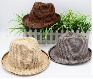 拉菲草帽子手工编织礼帽，欧风美爵士帽，夏季可折叠草帽情侣款男女帽