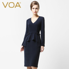 VOA（孤品）真丝34姆米重磅水手蓝V领长袖假两件高腰带套装连衣裙图片