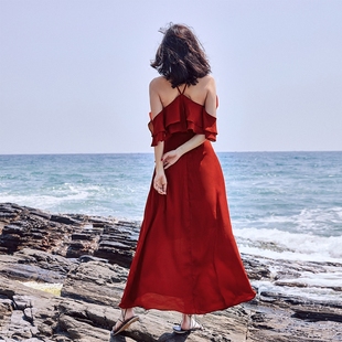 奈良波西米亚长裙红色绝美挂脖连衣裙女夏季巴厘岛沙滩裙海边度假