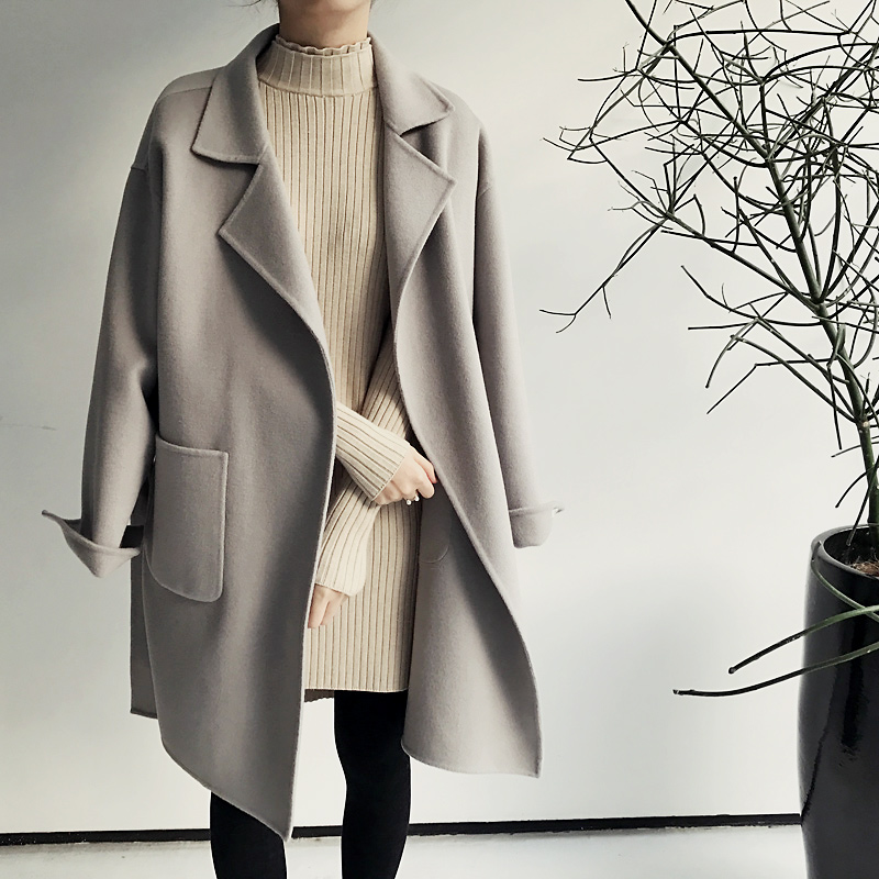 2016冬装新款宽松显瘦纯色中长款呢子大衣韩版双面毛呢外套女学生