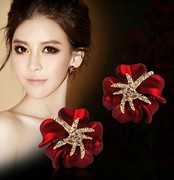 大耳钉女新娘韩国气质花朵红色玫瑰无耳洞螺丝耳夹海星纯银耳环潮
