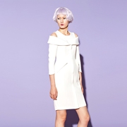 SUNGDO GIN白色露肩立体剪裁设计感优雅OL连衣裙