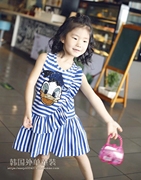 韩国高级女童装夏装，蓝白色条纹儿童无袖纯棉，凉爽连衣裙子