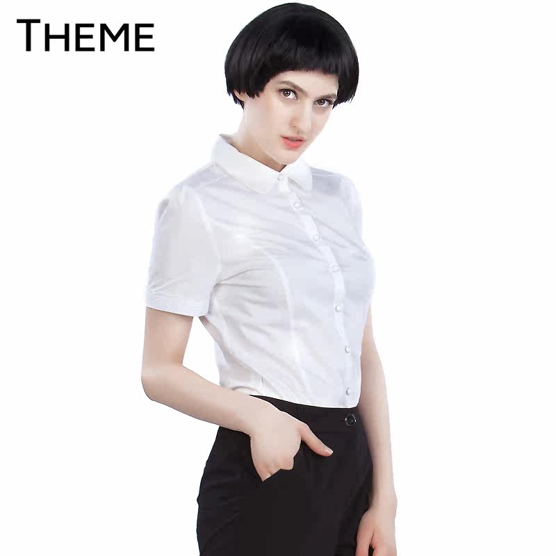 Theme专柜正品 2014夏季新款OL通勤修身百搭印花领结短袖衬衫上衣