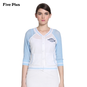 FivePlus新女装轻薄清新棉质拼接刺绣V领针织开衫2152030570