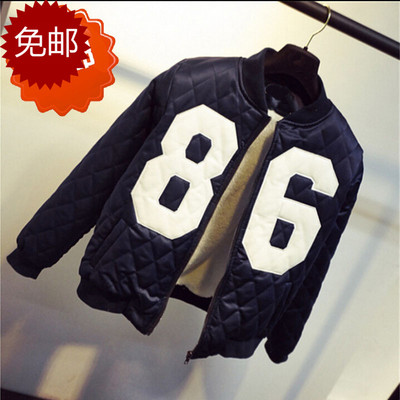 秋冬短外套女新款绣花86压格加绒加厚短款棒球服棉衣外套棉服女潮