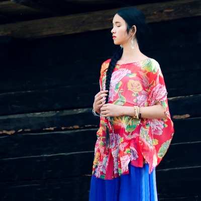 标题优化:花制作 传奇 夏季新品原创设计民族风女装牡丹花布短袖印花雪纺衫