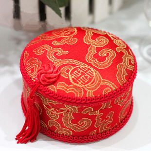 中式织锦缎大红色圆形龙凤双喜结婚喜庆喜糖盒婚庆用品新娘首饰盒