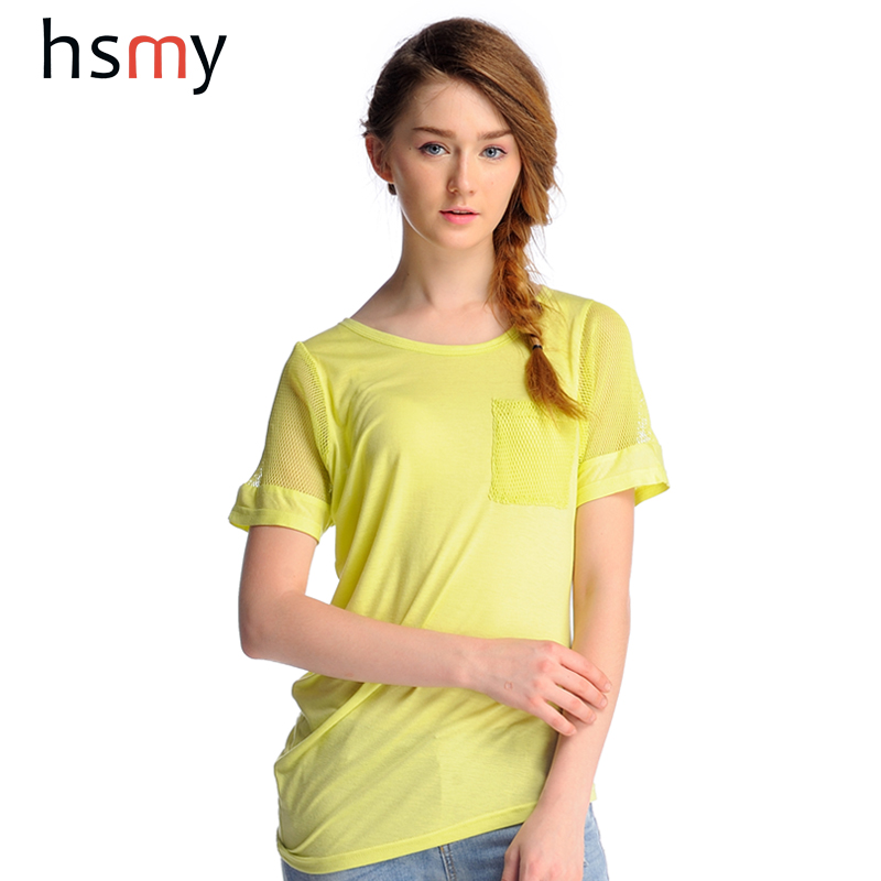 HSMY2014新款棉T恤女短袖潮女简约纯色宽松t恤衫Tshirt纱网打底衫