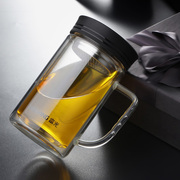 富光玻璃杯双层大容量带把手，办公水杯带盖有滤网玻璃茶杯子