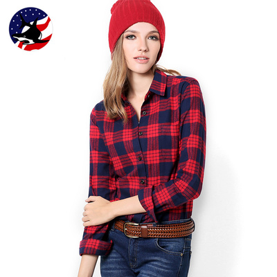 优鲨纯棉格子衬衫女长袖2016春秋装新款韩范磨毛打底衬衣上衣外套