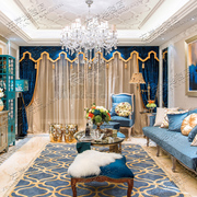 蓝色地中海欧式美式样板间，地毯客厅茶几沙发，床边书房手工腈纶地毯