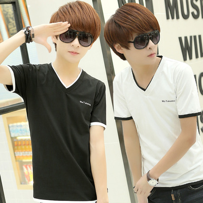 标题优化:男士短袖T恤2015夏季新款韩版修身男装青少年V领半袖打底衫包邮潮
