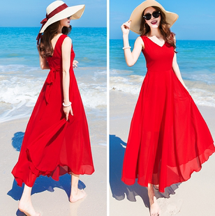大红色雪纺连衣裙女夏季正反，两穿超长裙大摆型海边度假沙滩裙