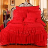 大红四件套大床上用品婚庆六件套贡缎提花1.8米新婚床单床笠蕾丝