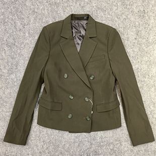 英国BLK DNM军绿色女士修身双排扣短款西装外套军装夹克