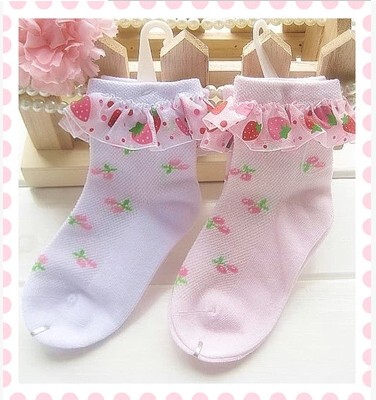 2015春夏新款儿童宝宝纯棉草莓樱桃透气网眼花边袜无骨袜子短袜子