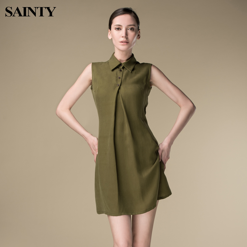 舜天SAINTY2014夏装新款100%天丝衬衫式连衣裙 无袖修身背心A字裙