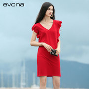 EVONA品牌女装深V领荷叶短袖雪纺宽松连衣裙4701