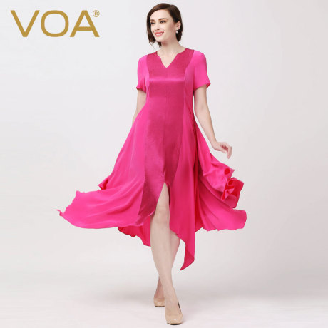VOA 木星红半开V领短袖撞料提花真丝拼接燕尾摆丝绸连衣裙A5869商品大图