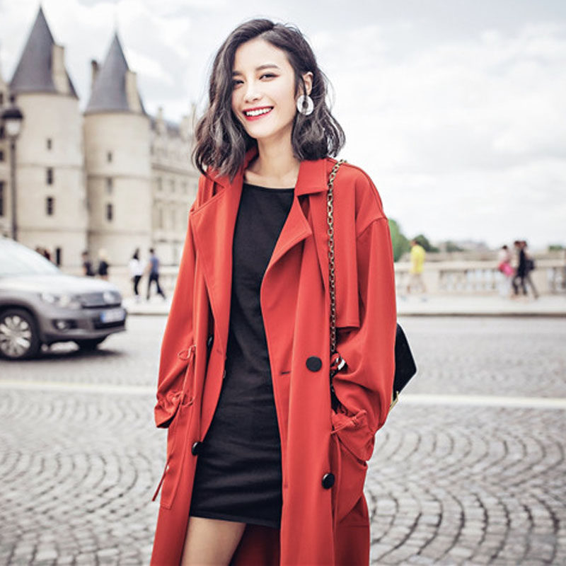 欧美街头气质风衣收腰复古显瘦超长款学院风大码宽松秋冬外套 女