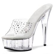 水晶鞋水钻婚鞋2014欧美性感女鞋，15cm超高跟，鞋子透明细跟凉鞋