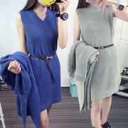韩版背心裙中长款宽松开衫两件套针织衫女装外套毛衣秋季套装
