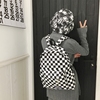 韩国原宿个性学生书包女棋盘黑白格子双肩包男女校园百搭港风背包