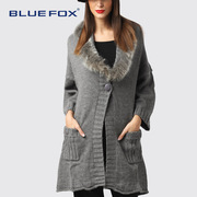蓝狐欧美大码女装皮草毛领加厚大衣时尚修身毛织衫外套中长款毛衣